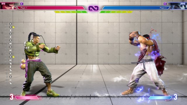 A screenshot of Ryu using his Denjin Charge against Jamie in Street Fighter 6.