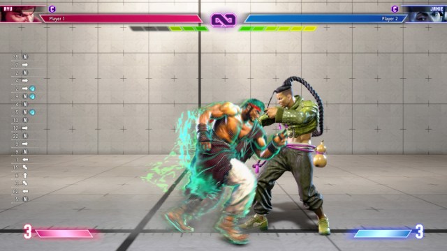A screenshot of Ryu performing a Drive Rush cancel towards Jamie in Street Fighter 6.