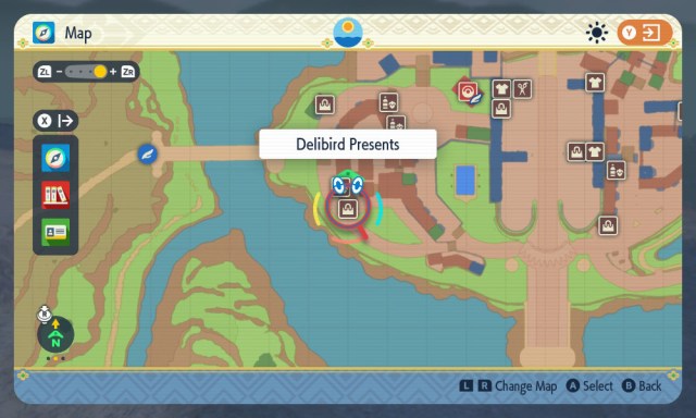 A map showing one of the locations of Delibird Presents in Mesagoza in Pokémon Scarlet and Violet.