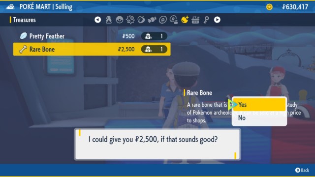 A Pokémon Scarlet and Violet screenshot of the player selling items from the Treasure menu to the Poké Mart clerk.