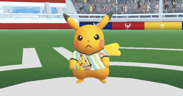 A screenshot of a shiny Pikachu in a World Championship 2023 shirt in Pokémon GO.