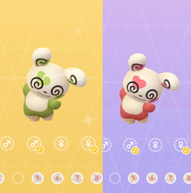 An image of shiny and regular colored heart-patterned Spinda in the Pokémon GO Pokédex.
