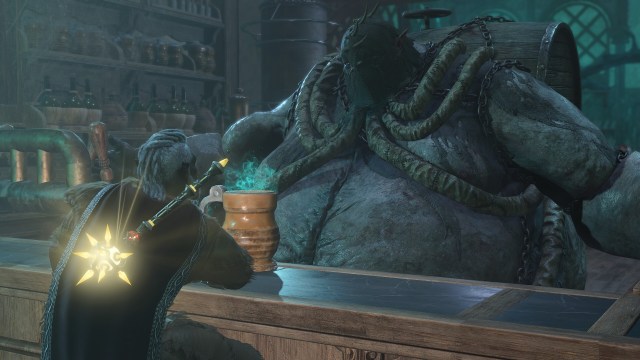 A screenshot of Thisobald Thorm at a bar having a drink with a character in Baldur's Gate 3.
