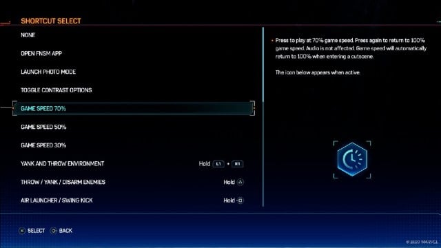 Accessibility Menu in Spider-Man 2, detailing Shortcut Options