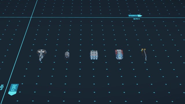 Starfield screenshot of weapon parts laid out in a line in the ship builder.