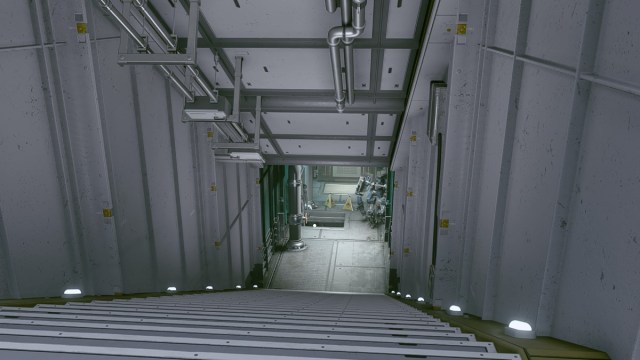 Starfield screenshot of a white flight of stairs descending in the Generdyne Factory