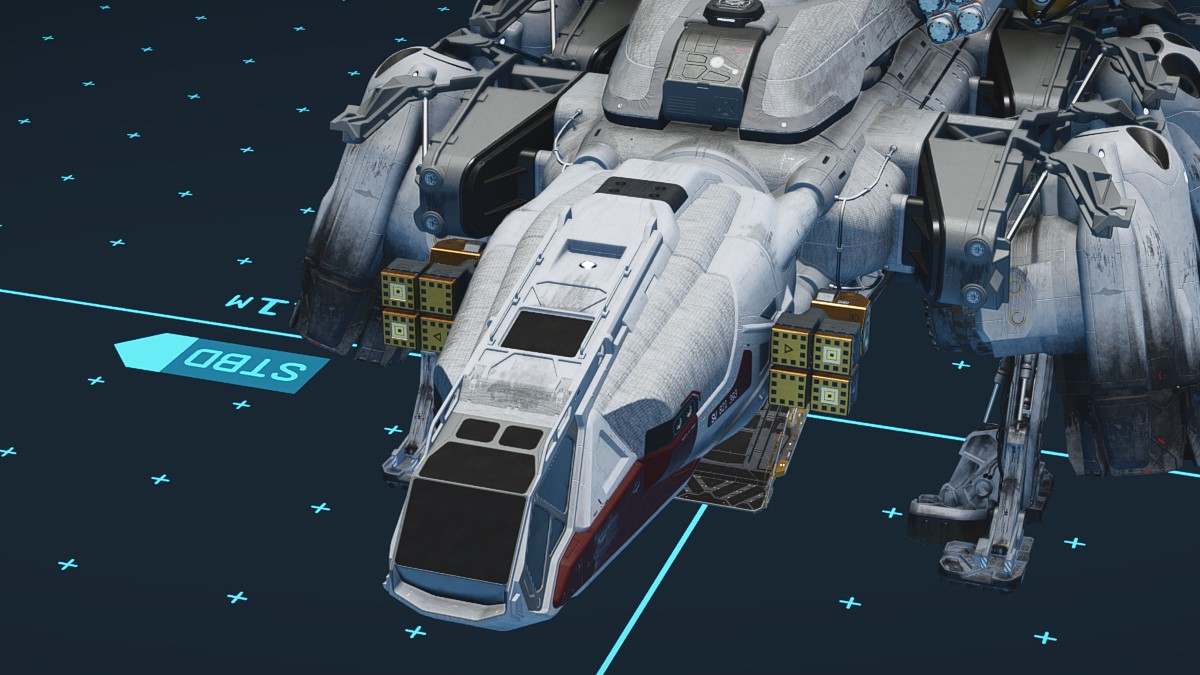 Starfield screenshot of a customized Discovery ship in the ship builder menu.