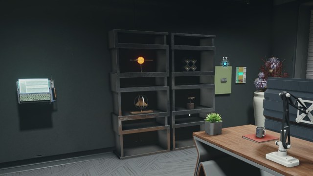 Starfield screenshot of Komikos office with a couple bookshelves and a safe on the wall.