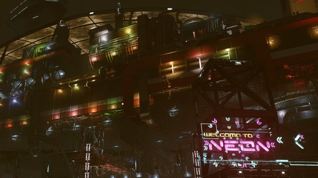 Starfield screenshot of a neon pink and yellow 'welcome to Neon' sign in front of industrial buildings.