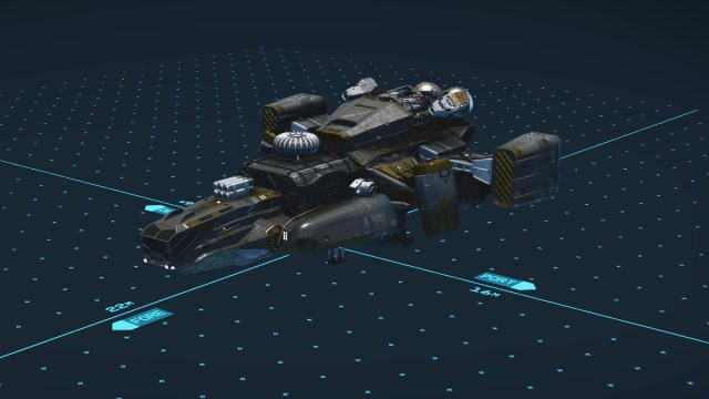 Starfield screenshot of a black Razorleaf ship in the ship builder.