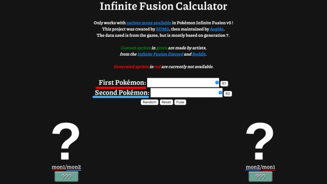 A screenshot of the Pokemon Infinite Fusion Generator. The section for the First Pokemon is underlined in red, and the section for the Second Pokemon is underlined in blue. The corresponding locations are underlined for the leftmost and rightmost generated Pokemon, which currently only feature question marks for their graphics.