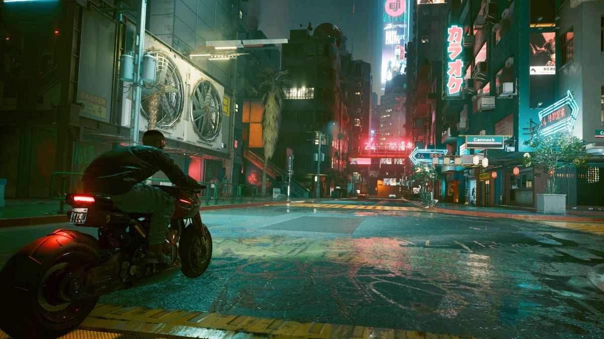 Cyberpunk 2077 screenshot of V as a streetkid on a motorcycle