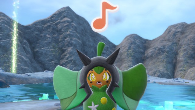 A screenshot of a surprised, happy Ogerpon in Pokémon Scarlet and Violet: The Teal Mask.
