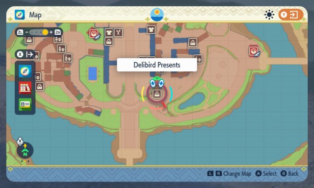 A map showing one of the locations of Delibird Presents in Mesagoza in Pokémon Scarlet and Violet.