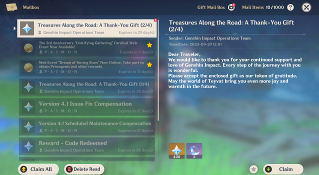 Treasures Along the Road - A Thank-You Gift Mail Login Rewards in 4.1