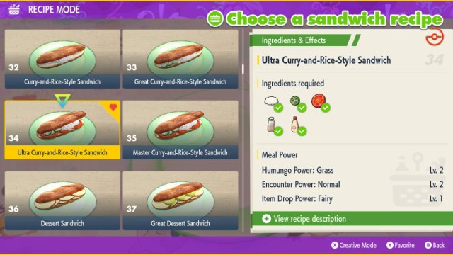 Screenshot of the Ultra Curry and Rice Style Sandwich in Pokémon Scarlet and Violet.