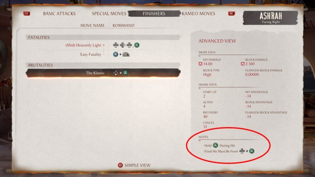 A Mortal Kombat 1 screenshot of the finisher moves menu with the "Notes" section circled in red.