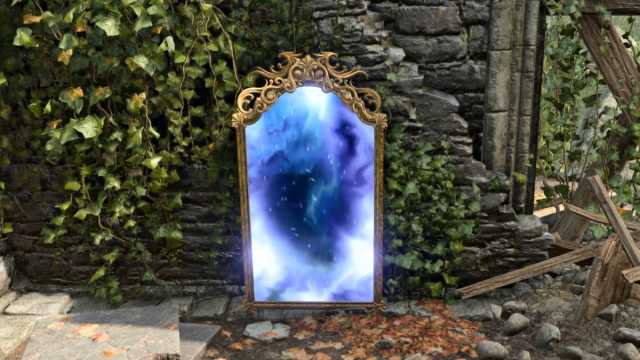 Baldur's Gate 3 screenshot of a Magic Mirror sitting against a stone wall covered in ivy