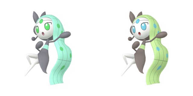 Official models of regular and shiny Aria Meloetta from Pokémon HOME.