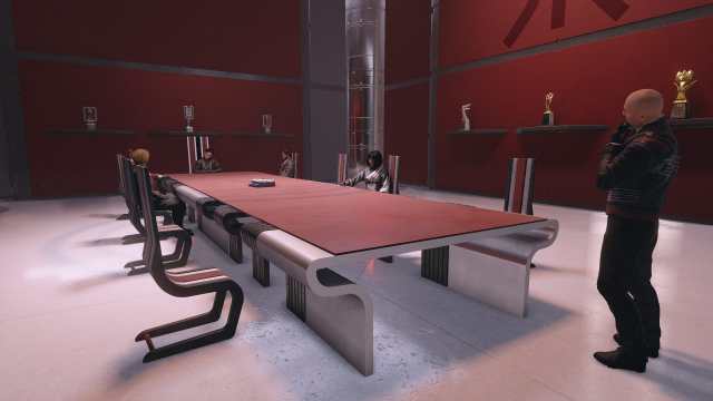 Starfield screenshot of four people sitting at a table in the Ryujin Industry boardroom.