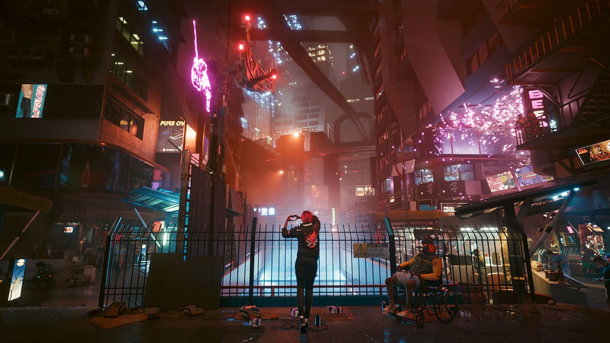 Cyberpunk 2077 screenshot of female V looking out over Night City and standing next to a man in a wheelchair.