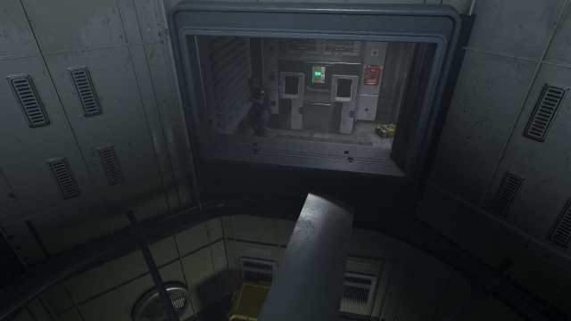 Starfield screenshot of a giant horizontal fan blade beside a window showing a guard standing in front of a switch.