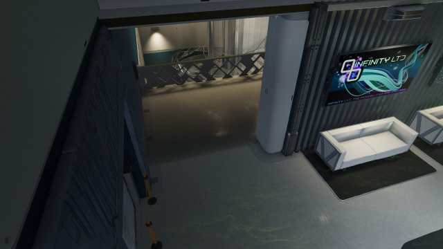 Starfield screenshot of an open door in a room with a white couch beneath a sign that says Infinity LTD.