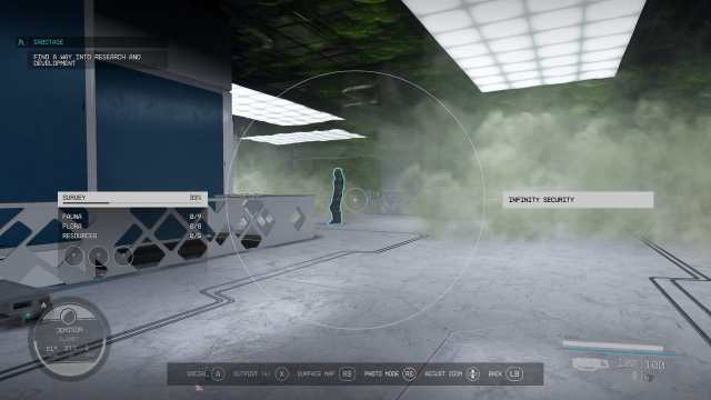 Starfield screenshot of the player's scanner targeting an Infinity security guard in a gas-filled room.