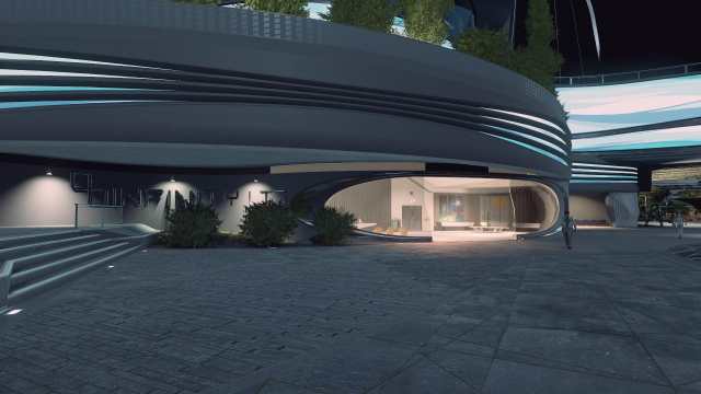 Starfield screenshot of Infinity LTD building.