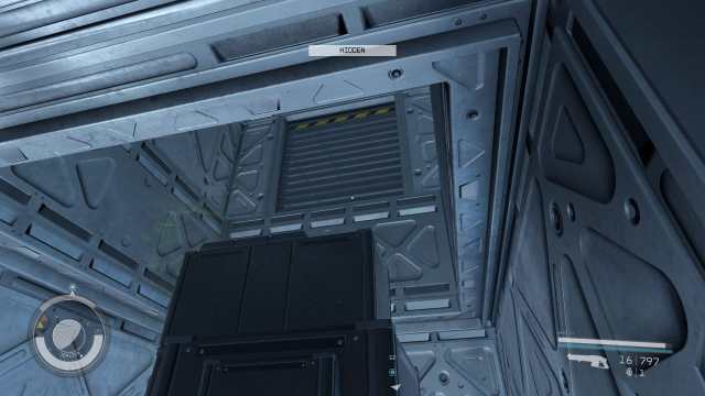 Starfield screenshot of a vent in a grey  metal tunnel