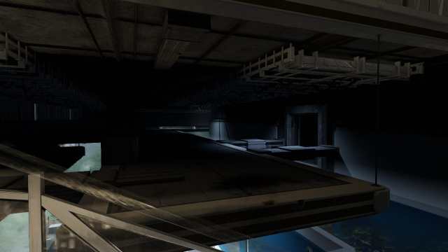 Starfield screenshot of a dark room with several platforms near the ceiling.