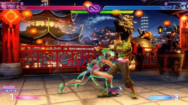 Street Fighter 6 screenshot of A.K.I. performing a Drive Rush Cancel against Jamie.