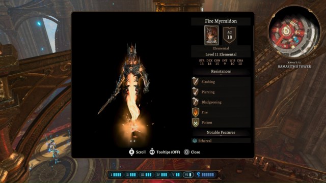 BG3 screenshot of Lorroakan's Fire Myrmidon elemental construct's stats.