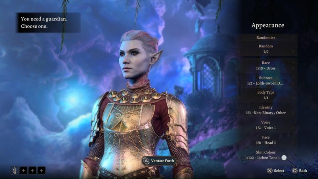 BG3 screenshot of a non-binary Drow guardian in the character customization menu.