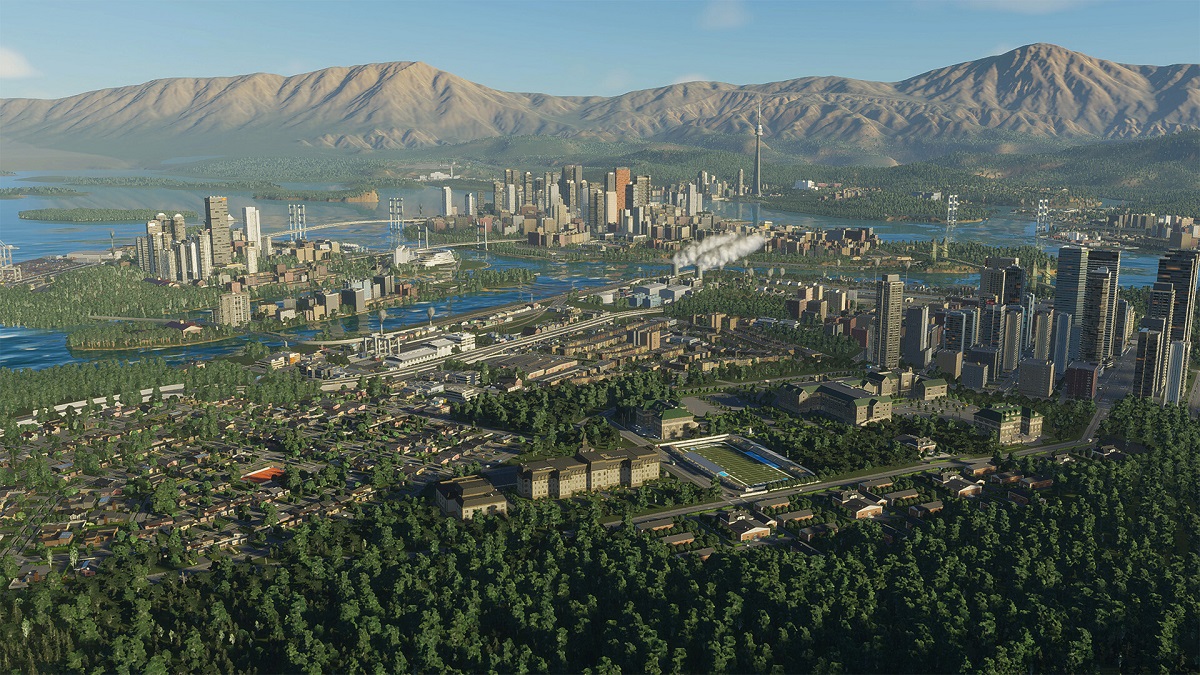 Image of virtual city without car traffic in Cities: Skylines 2.