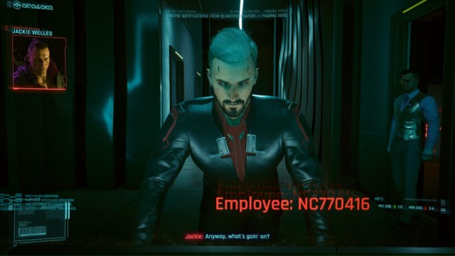 Cyberpunk 2077 screenshot of male V looking in an arasaka bathroom mirror while talking to Jackie Welles.
