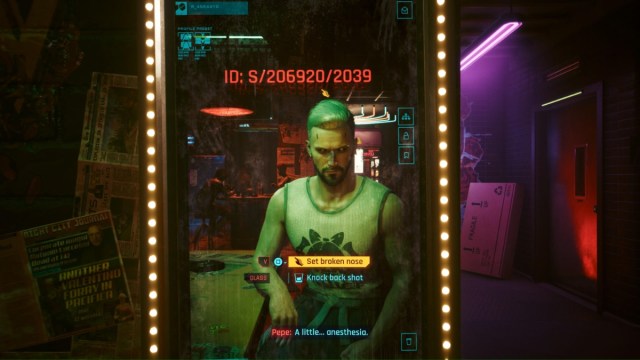 Cyberpunk 2077 screenshot of male V looking at his broken nose in a mirror at a bar.