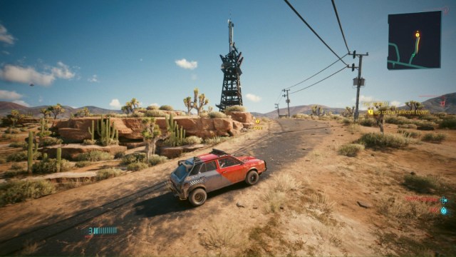 Cyberpunk 2077 screenshot of male V driving the nomad prologue car through the badlands.