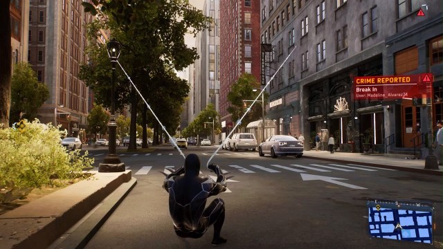 Spider-Man using the web slingshot ability. 