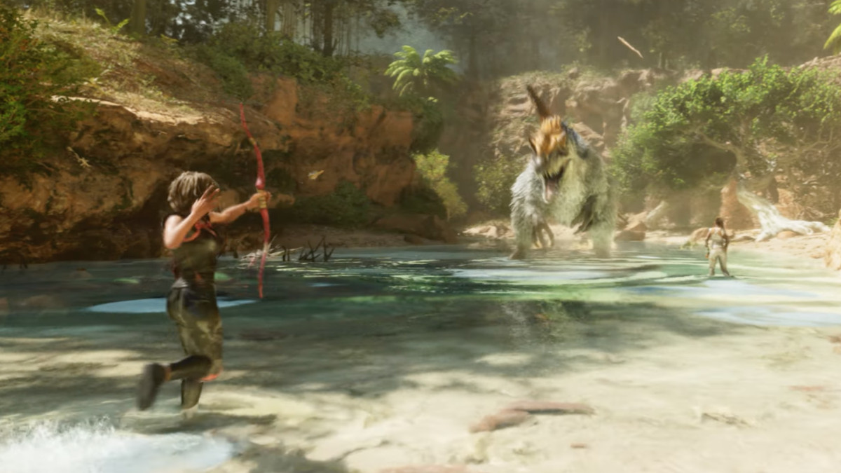 A screenshot of players fighting a dinosaur in ARK: Survival Ascended.