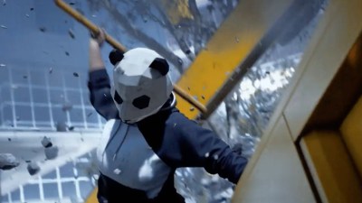 An image of a character wearing a Panda mask in The Finals smashing the environment.