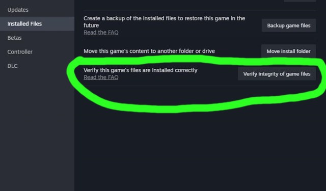 This is a photo of the "Properties" menu under Steam, which can be accessed by right-clicking a game in the Steam library. Highlighted is the "Installed Files" option. The option to verify integrity of game files is circled in large, green coloring. 
