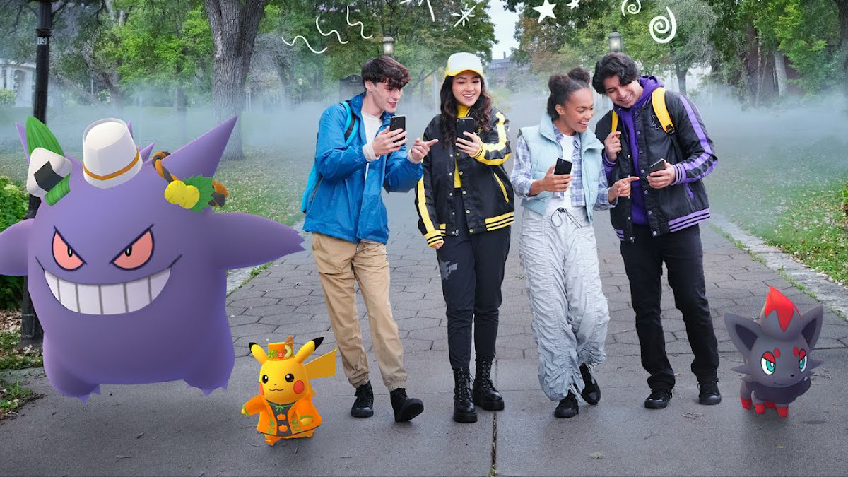 Official Pokémon GO image of four Trainers with a Tricks & Treats costumed Pikachu and Gengar, and a Zorua.