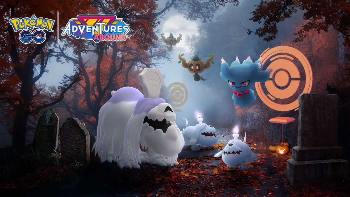 Official image of Greavard, Houndstone, Phantump, and Misdreavus in the Pokémon GO 2023 Halloween event.