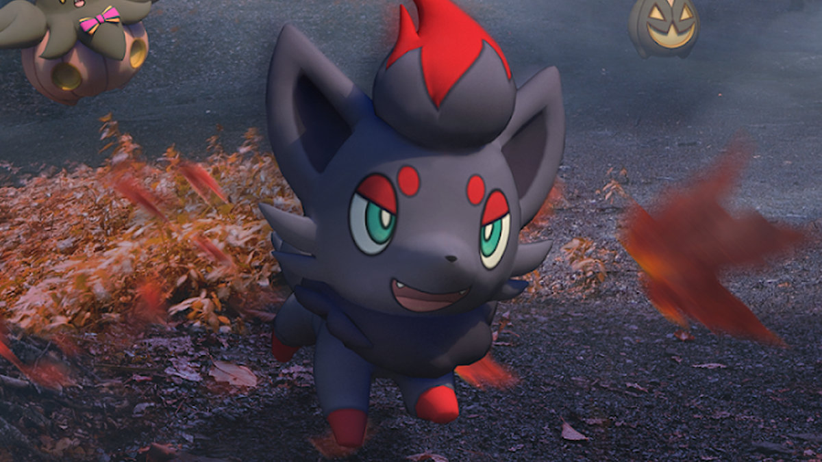 An image of Zorua leaping through autumn leaves in Pokémon GO.