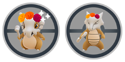 Images of Cubone and Marowak wearing cempasúchil crowns in Pokémon GO.