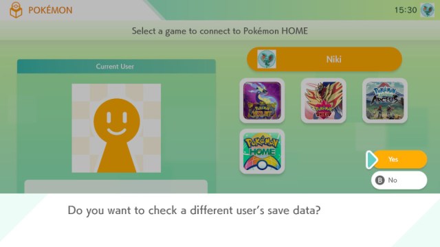A Pokémon HOME screenshot of the menu for changing the user.