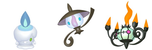 Official Pokémon HOME images of shiny Litwick, Lampent, and Chandelure.