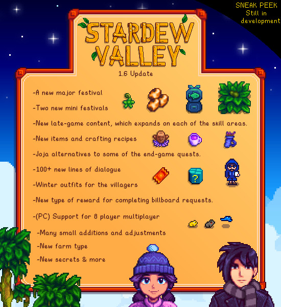 An image showcasing some of the features in the upcoming Stardew Valley 1.6 update.