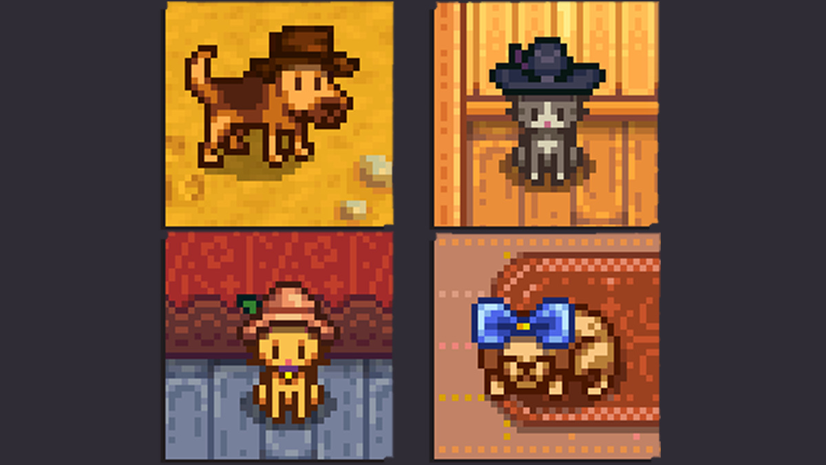 An image of two cats and two dogs wearing different hats in Stardew Valley.